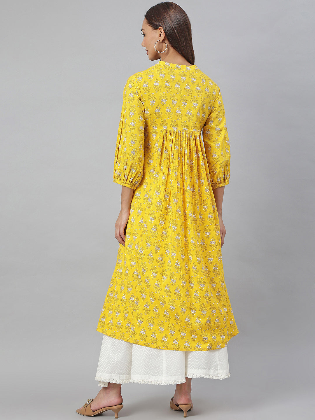 Janasya Women's Mustard Cotton Botanical Printed Casual Flared Kurta | Swadesiicart