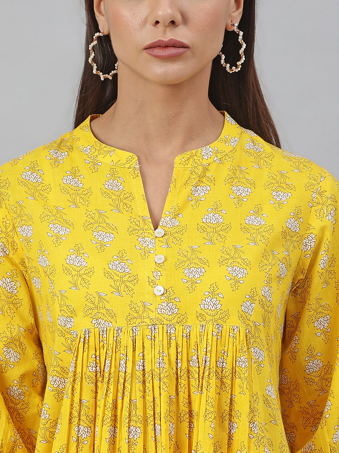 Janasya Women's Mustard Cotton Botanical Printed Casual Flared Kurta | Swadesiicart