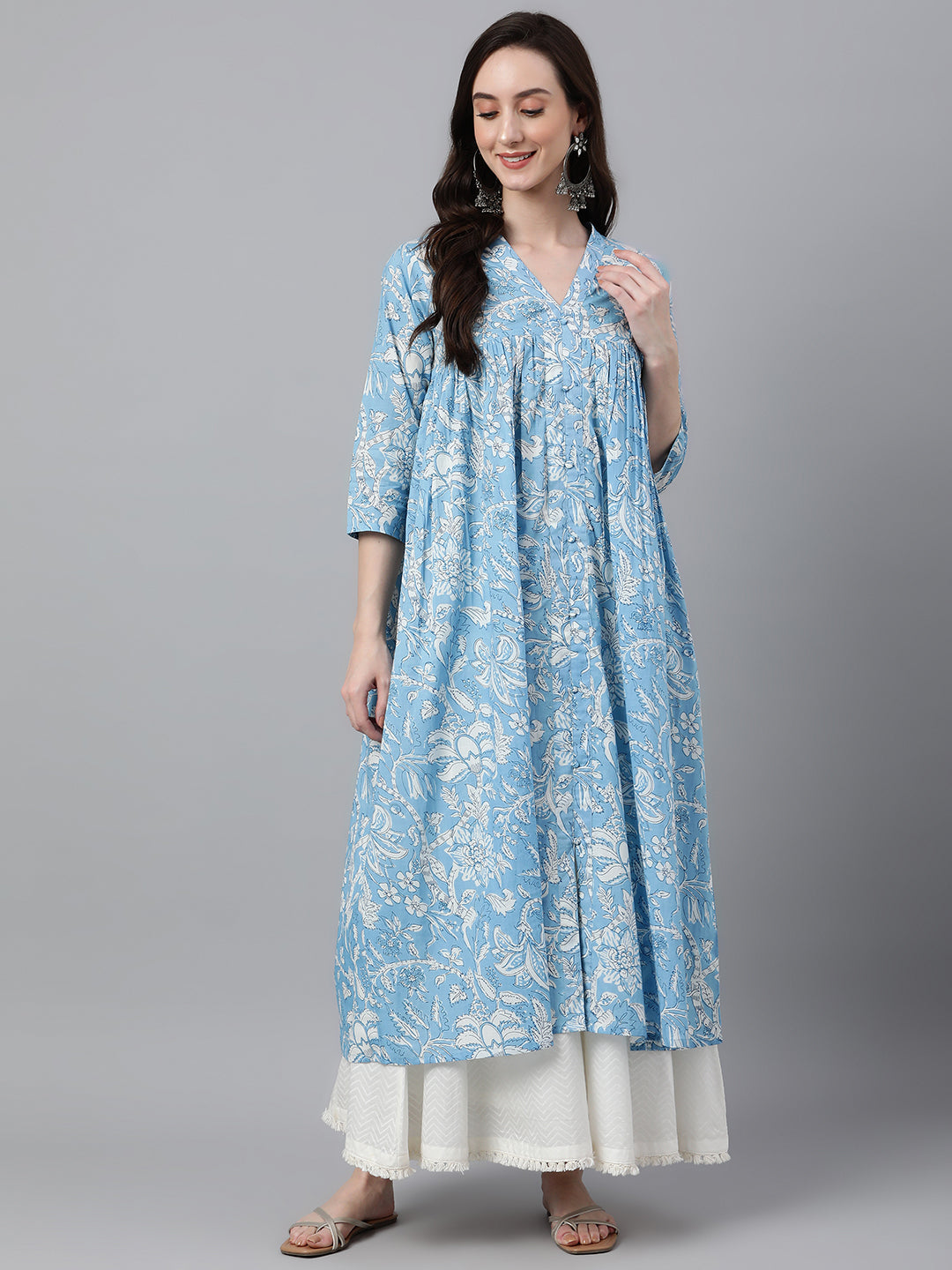 Janasya Women's Sky Blue Cotton Floral Printed Casual Flared Kurta - Swadesiicart