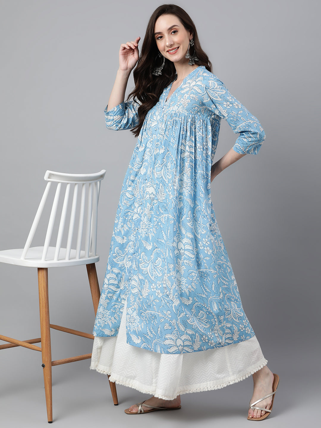Janasya Women's Sky Blue Cotton Floral Printed Casual Flared Kurta - Swadesiicart