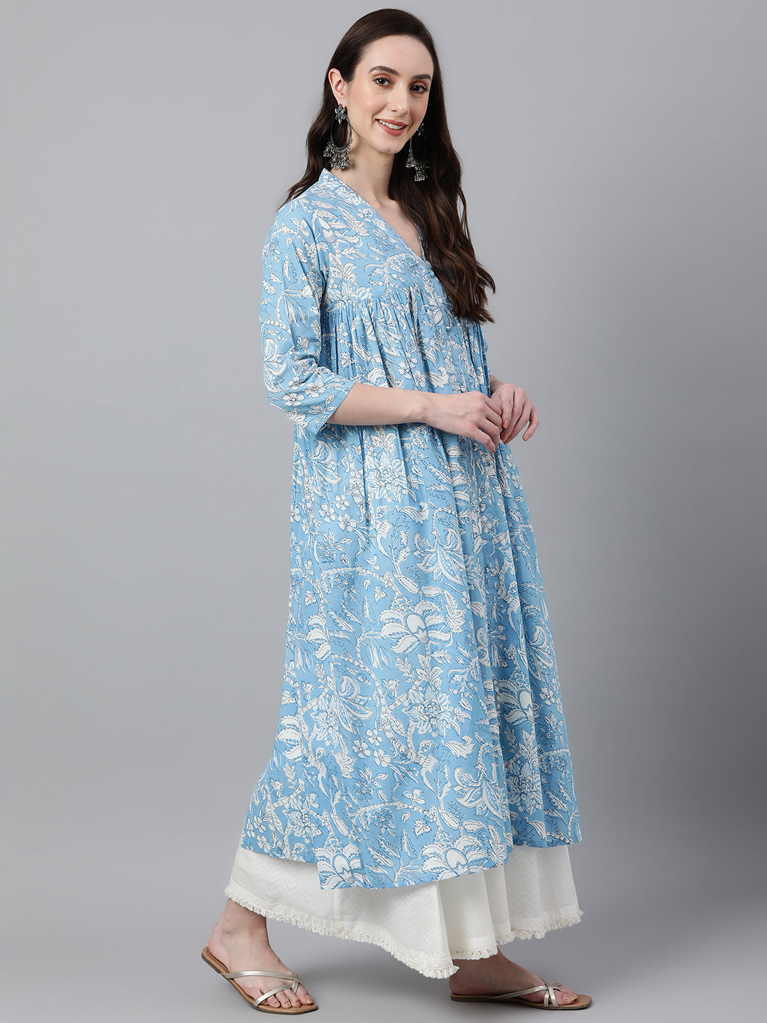 Janasya Women's Sky Blue Cotton Floral Printed Casual Flared Kurta - Swadesiicart
