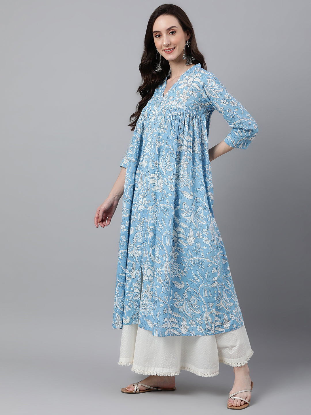 Janasya Women's Sky Blue Cotton Floral Printed Casual Flared Kurta - Swadesiicart