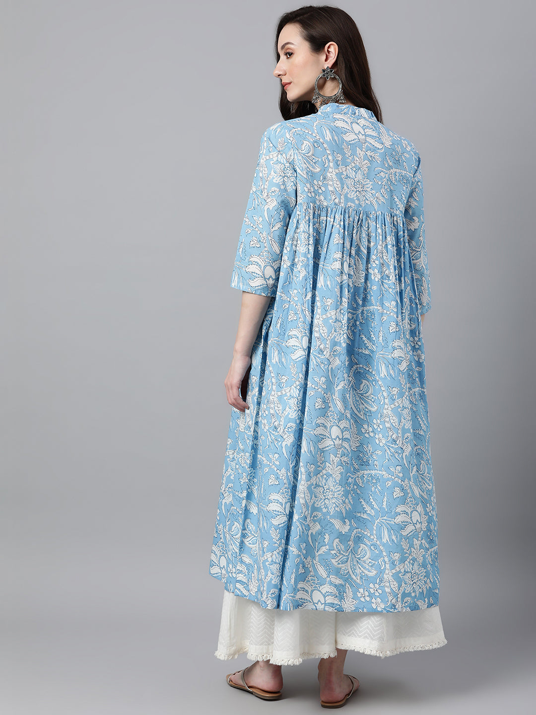Janasya Women's Sky Blue Cotton Floral Printed Casual Flared Kurta - Swadesiicart
