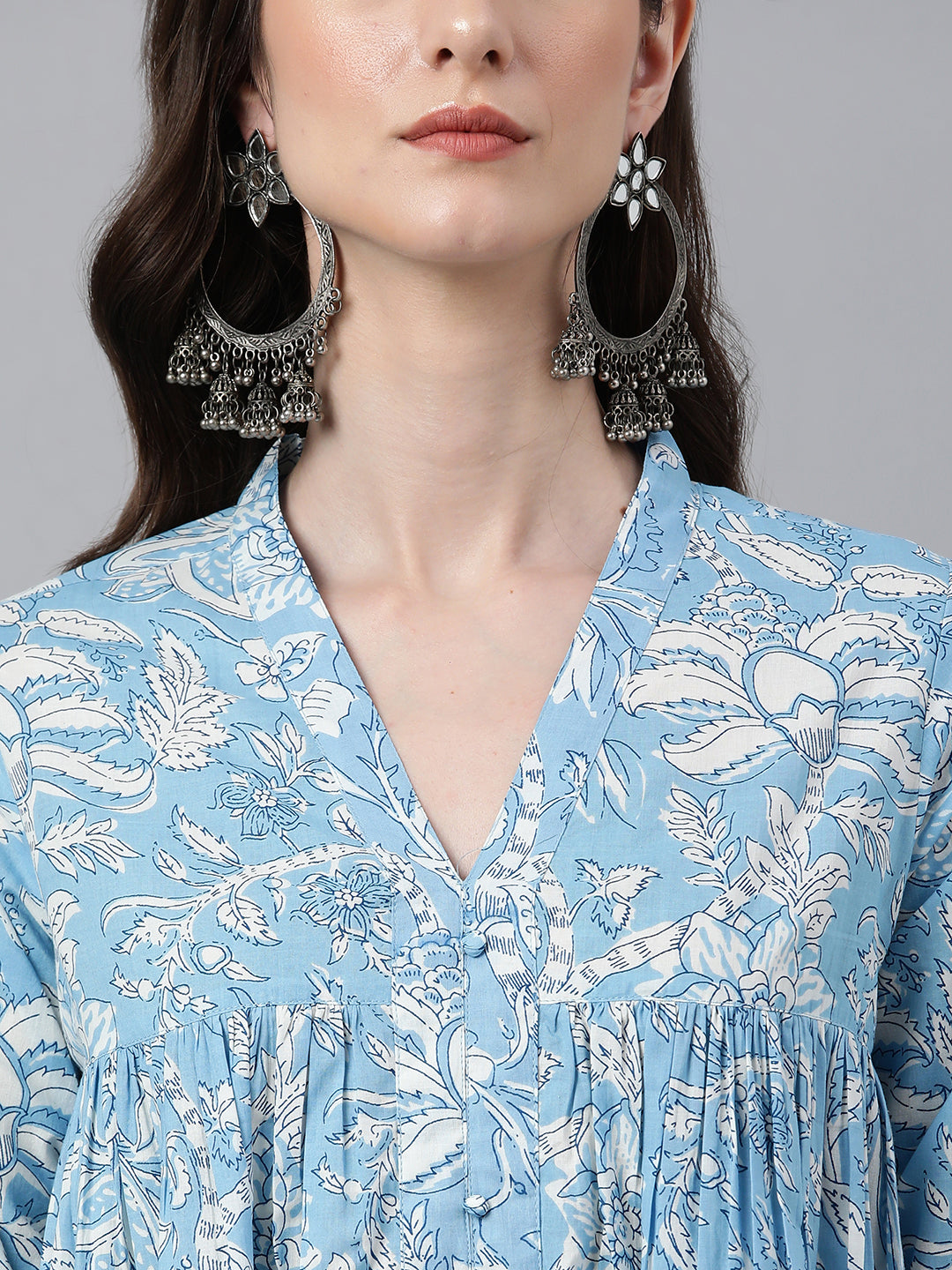 Janasya Women's Sky Blue Cotton Floral Printed Casual Flared Kurta - Swadesiicart