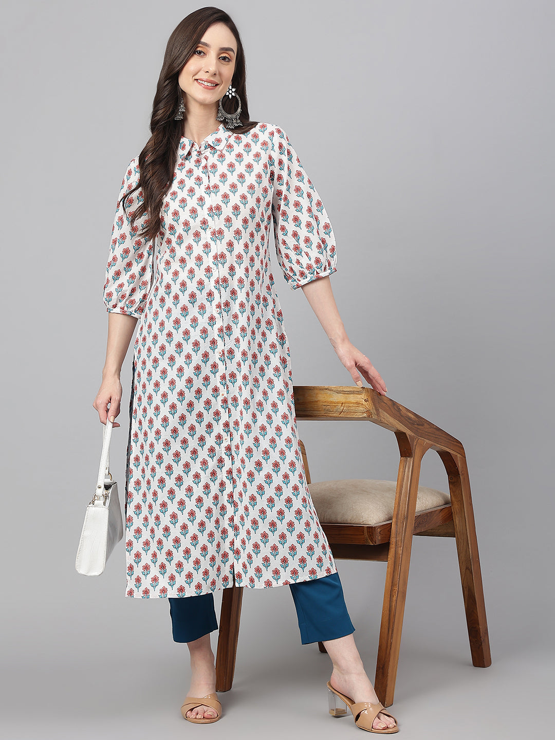 Janasya Women's White Cotton Floral Printed Casual Straight Kurta | Swadesiicart