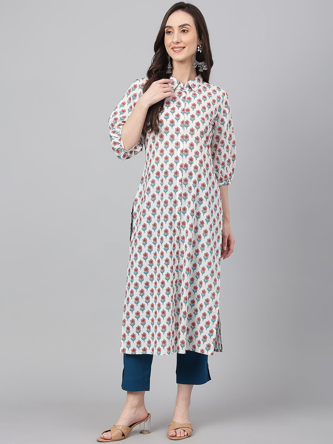 Janasya Women's White Cotton Floral Printed Casual Straight Kurta
