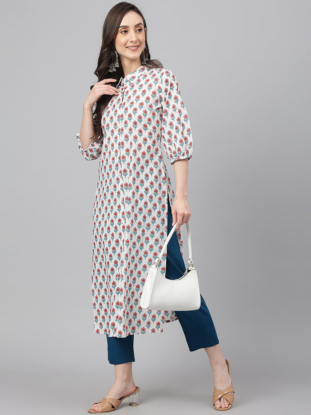 Janasya Women's White Cotton Floral Printed Casual Straight Kurta | Swadesiicart