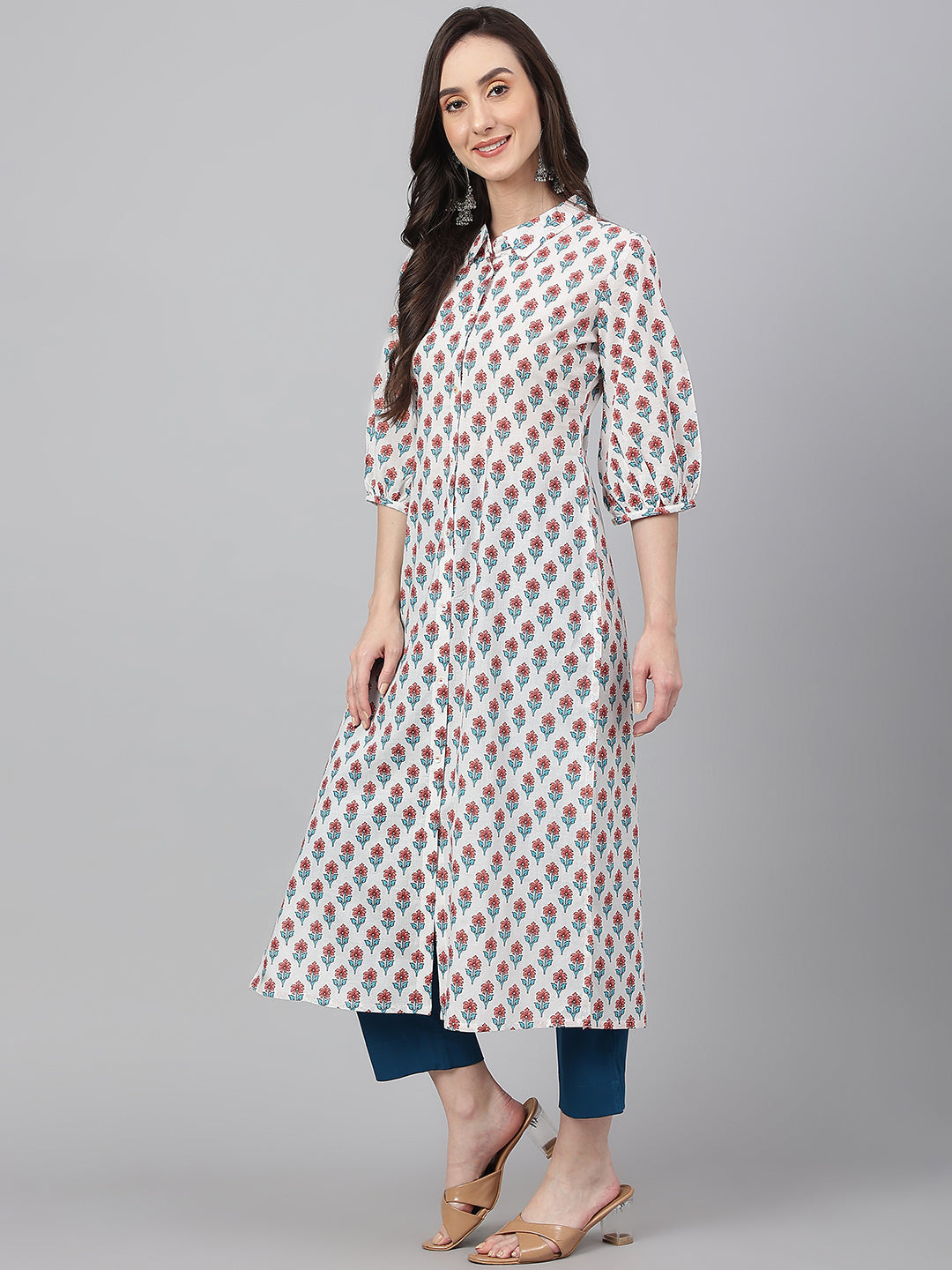 Janasya Women's White Cotton Floral Printed Casual Straight Kurta | Swadesiicart