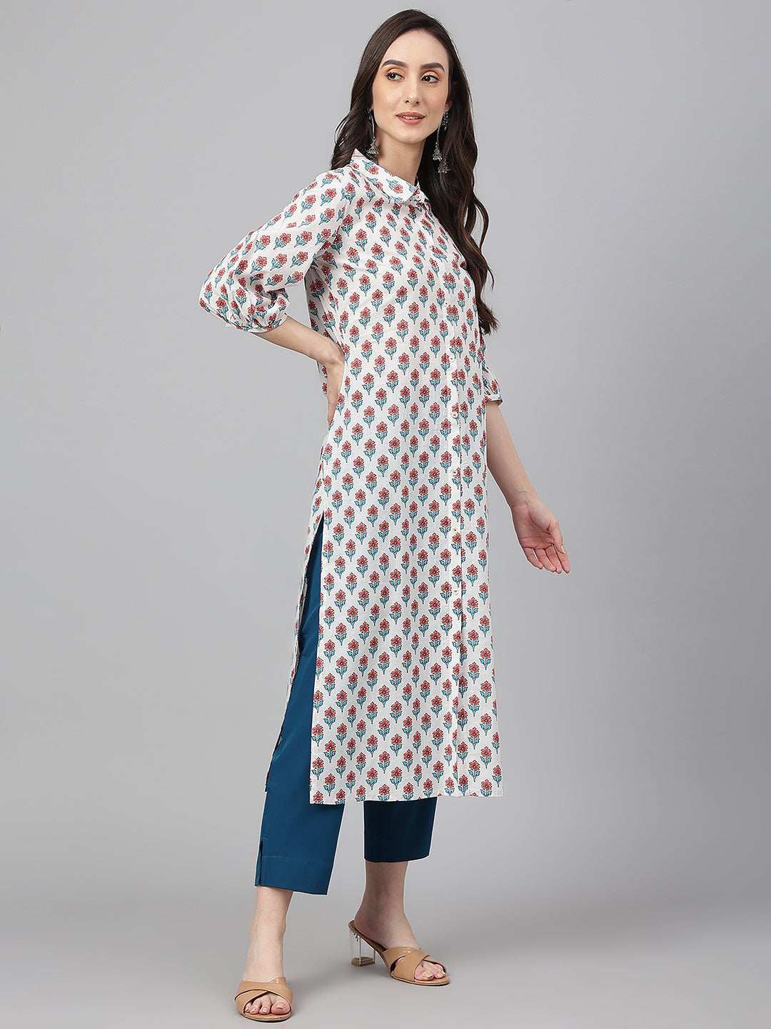 Janasya Women's White Cotton Floral Printed Casual Straight Kurta | Swadesiicart