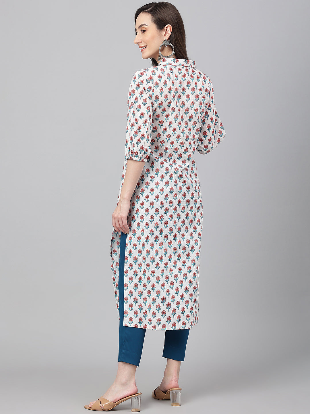 Janasya Women's White Cotton Floral Printed Casual Straight Kurta | Swadesiicart