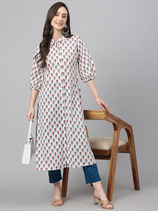 Janasya Women's White Cotton Floral Printed Casual Straight Kurta | Swadesiicart