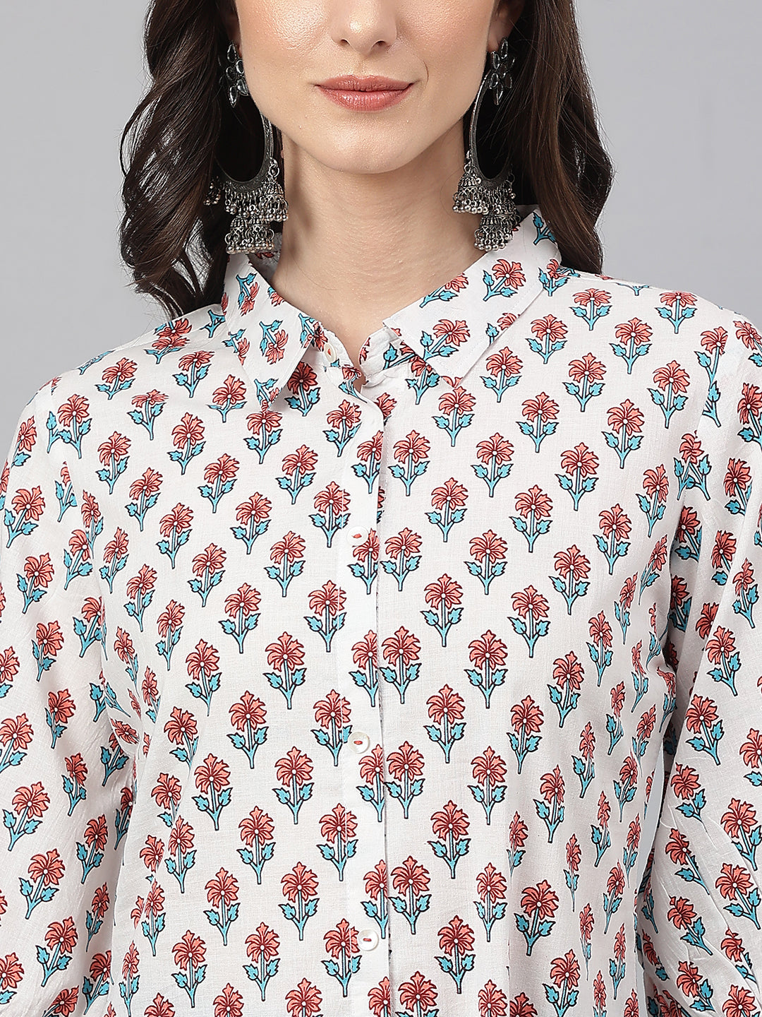 Janasya Women's White Cotton Floral Printed Casual Straight Kurta | Swadesiicart
