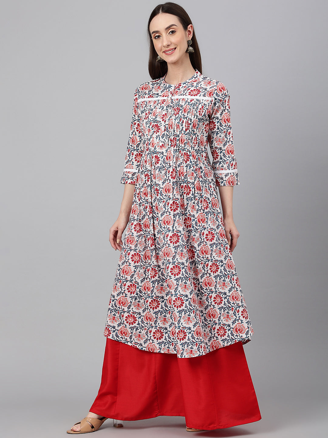 Janasya Women's White Cotton Floral Printed Casual Flared Kurta | Swadesiicart