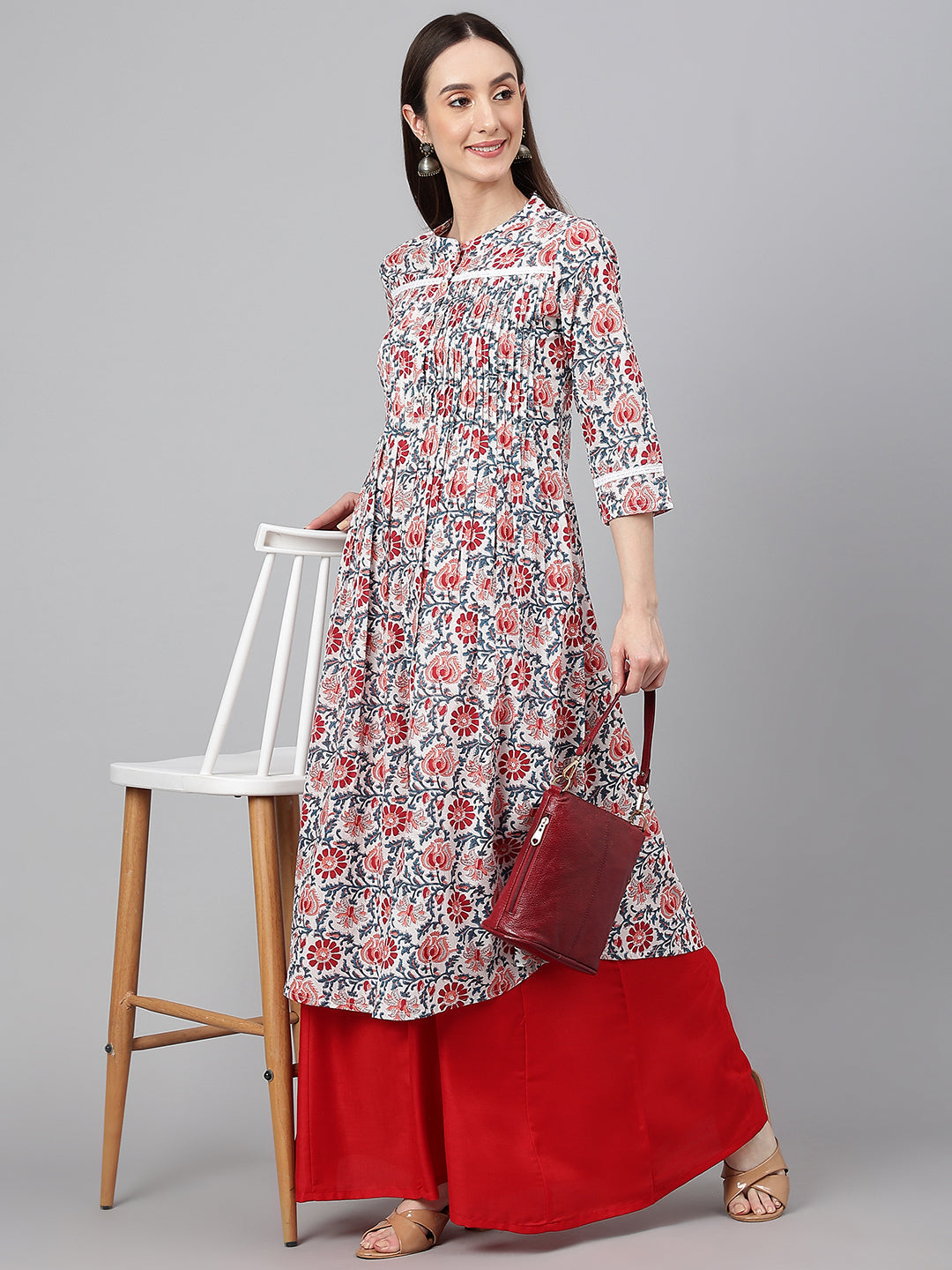 Janasya Women's White Cotton Floral Printed Casual Flared Kurta | Swadesiicart