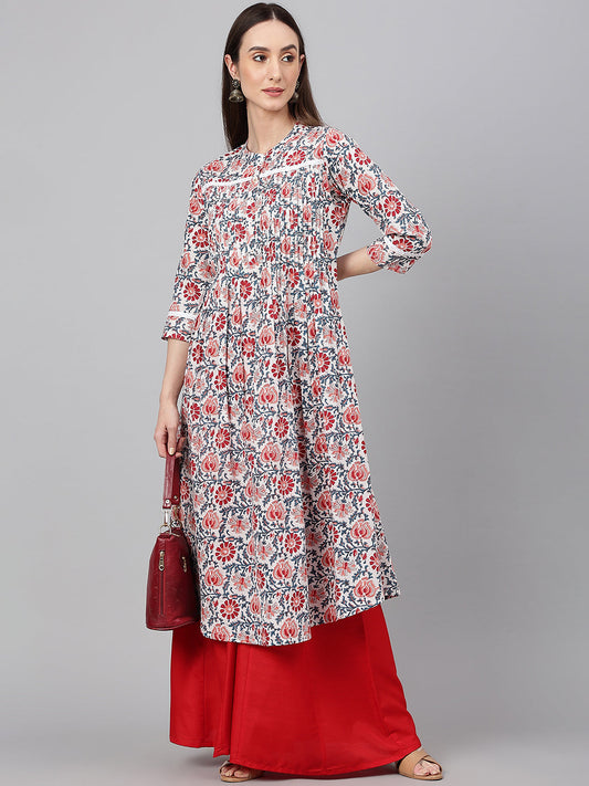 Janasya Women's White Cotton Floral Printed Casual Flared Kurta | Swadesiicart