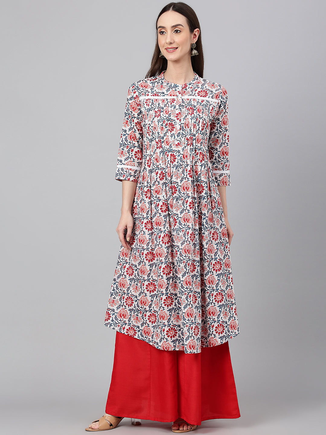 Janasya Women's White Cotton Floral Printed Casual Flared Kurta | Swadesiicart