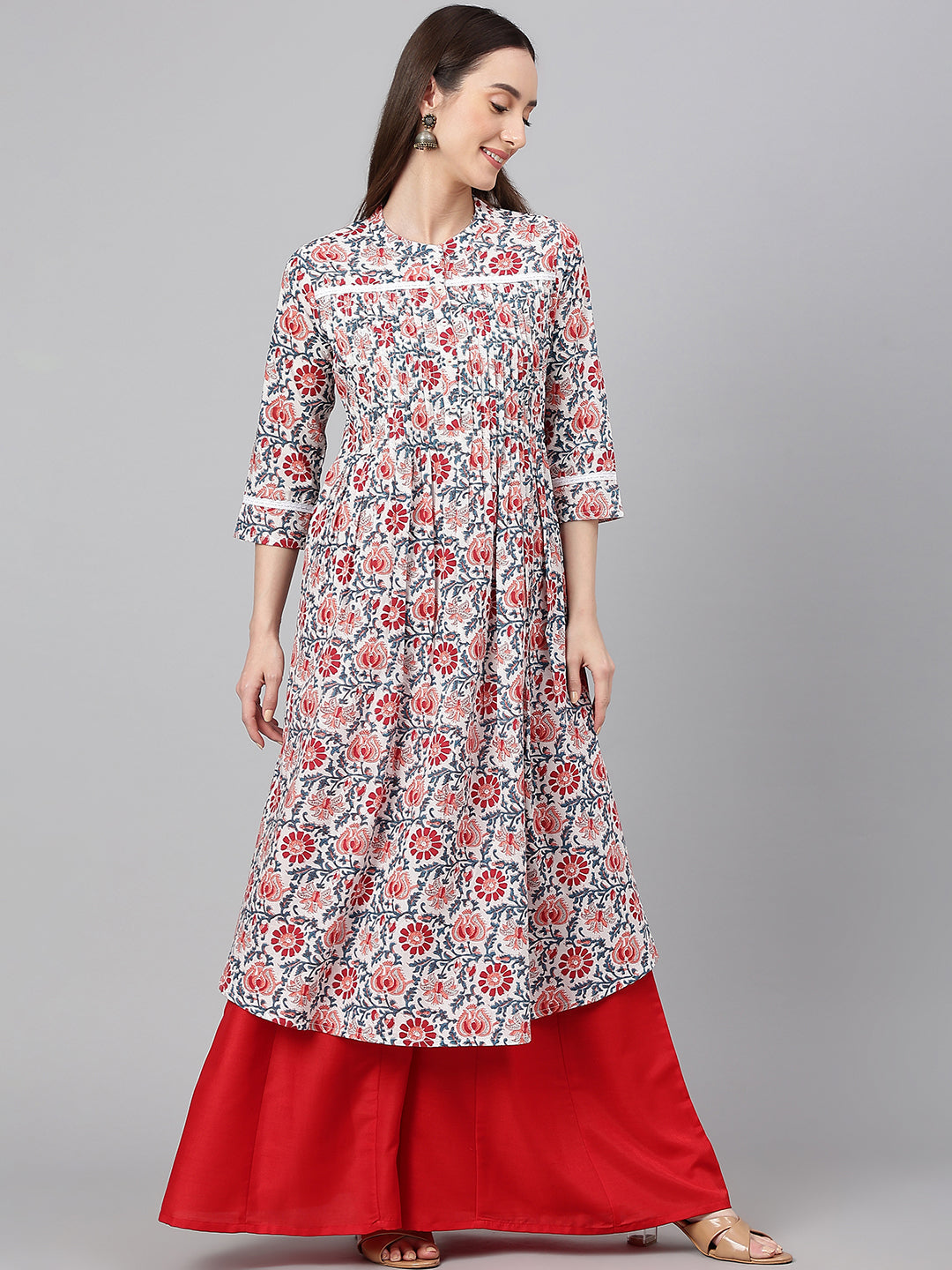 Janasya Women's White Cotton Floral Printed Casual Flared Kurta | Swadesiicart