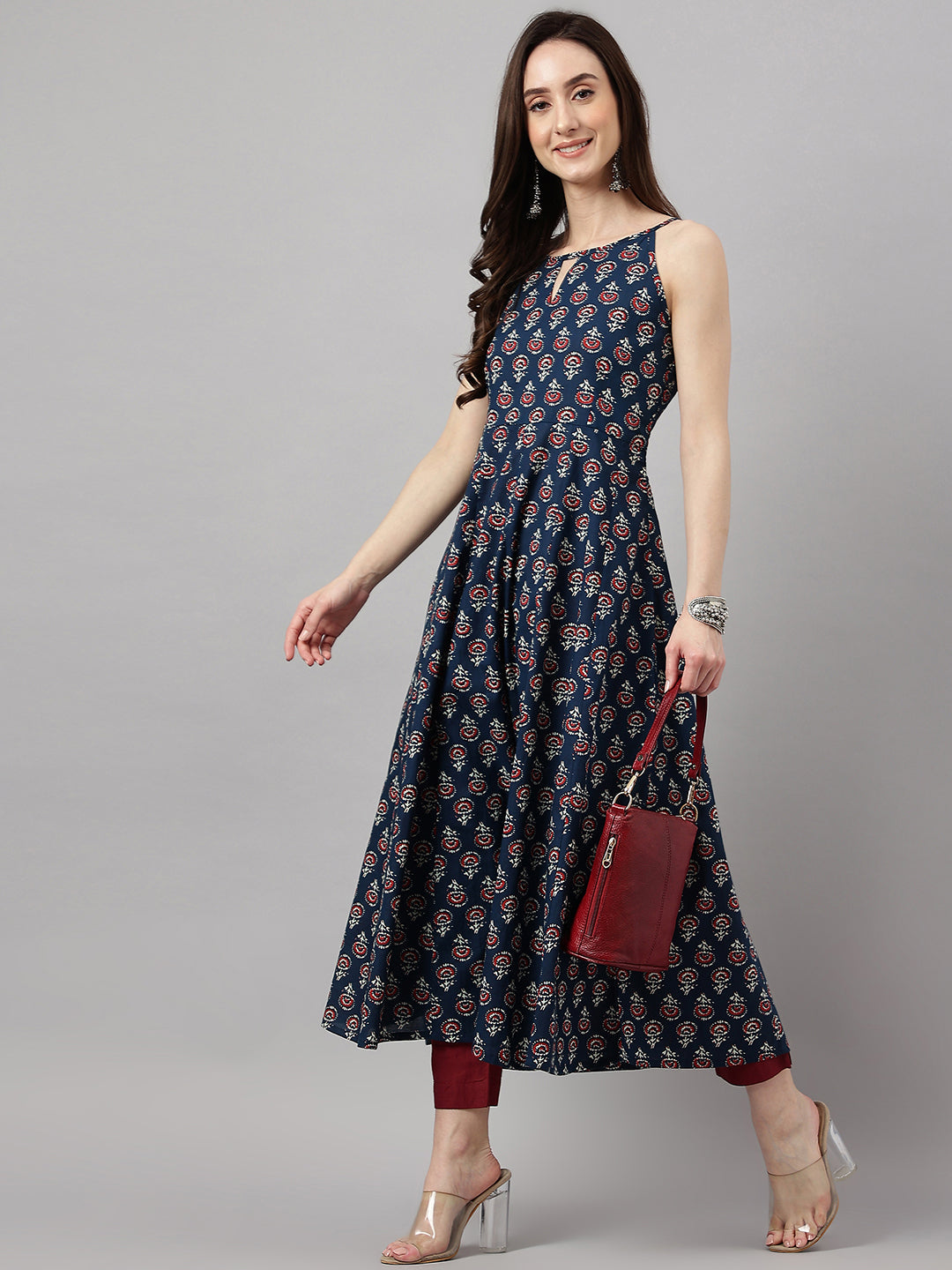 Janasya Women's Navy Blue Cotton Botanical Printed Casual Anarkali Kurta | Swadesiicart