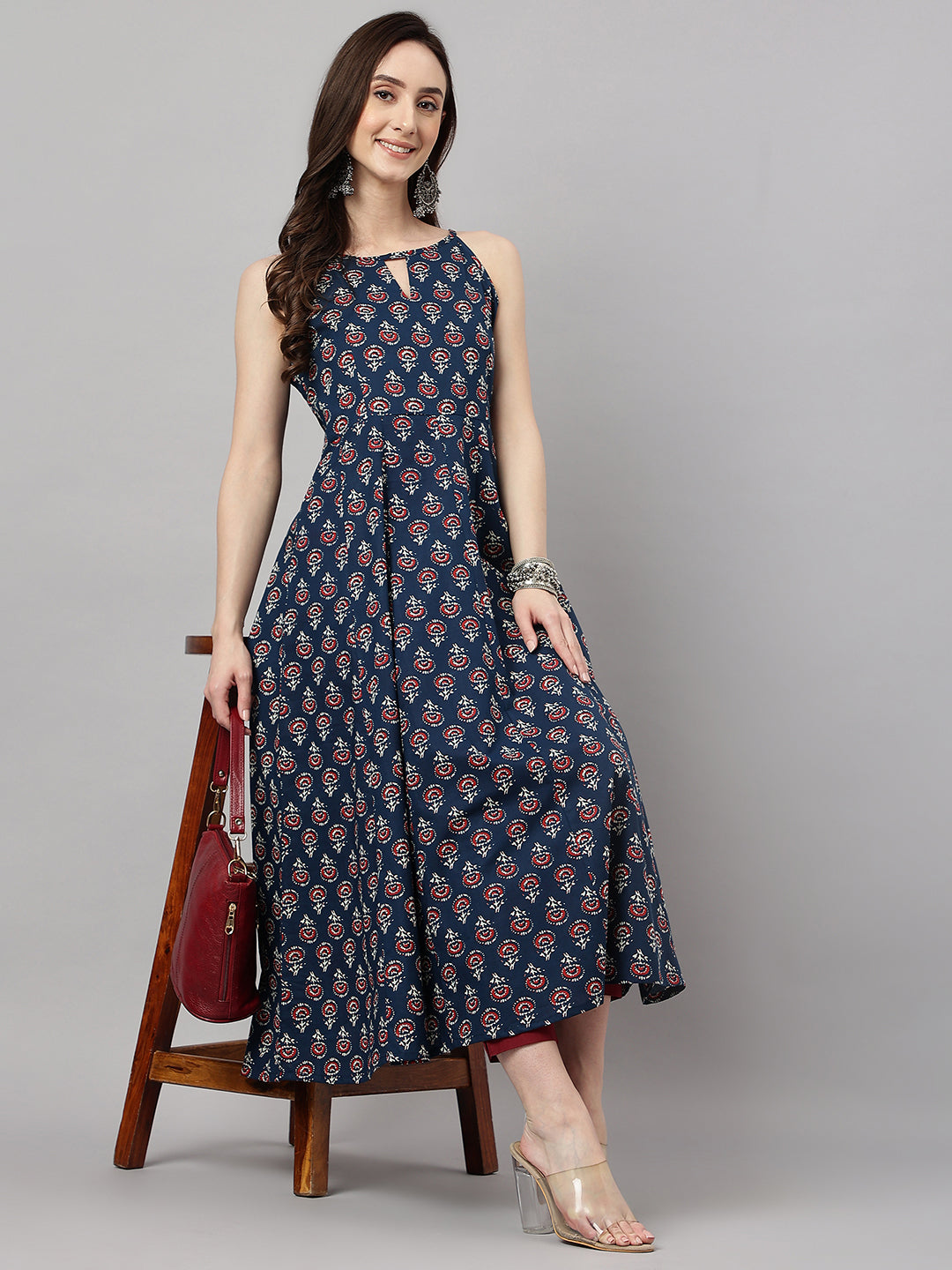 Janasya Women's Navy Blue Cotton Botanical Printed Casual Anarkali Kurta | Swadesiicart