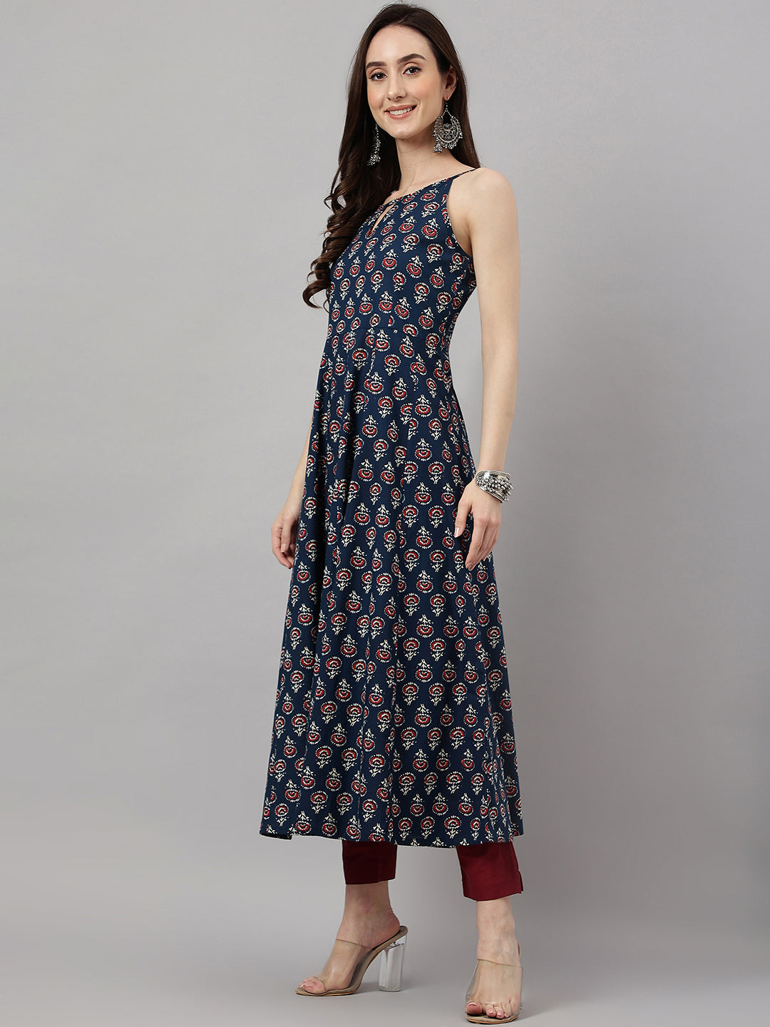 Janasya Women's Navy Blue Cotton Botanical Printed Casual Anarkali Kurta | Swadesiicart