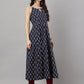 Janasya Women's Navy Blue Cotton Botanical Printed Casual Anarkali Kurta | Swadesiicart