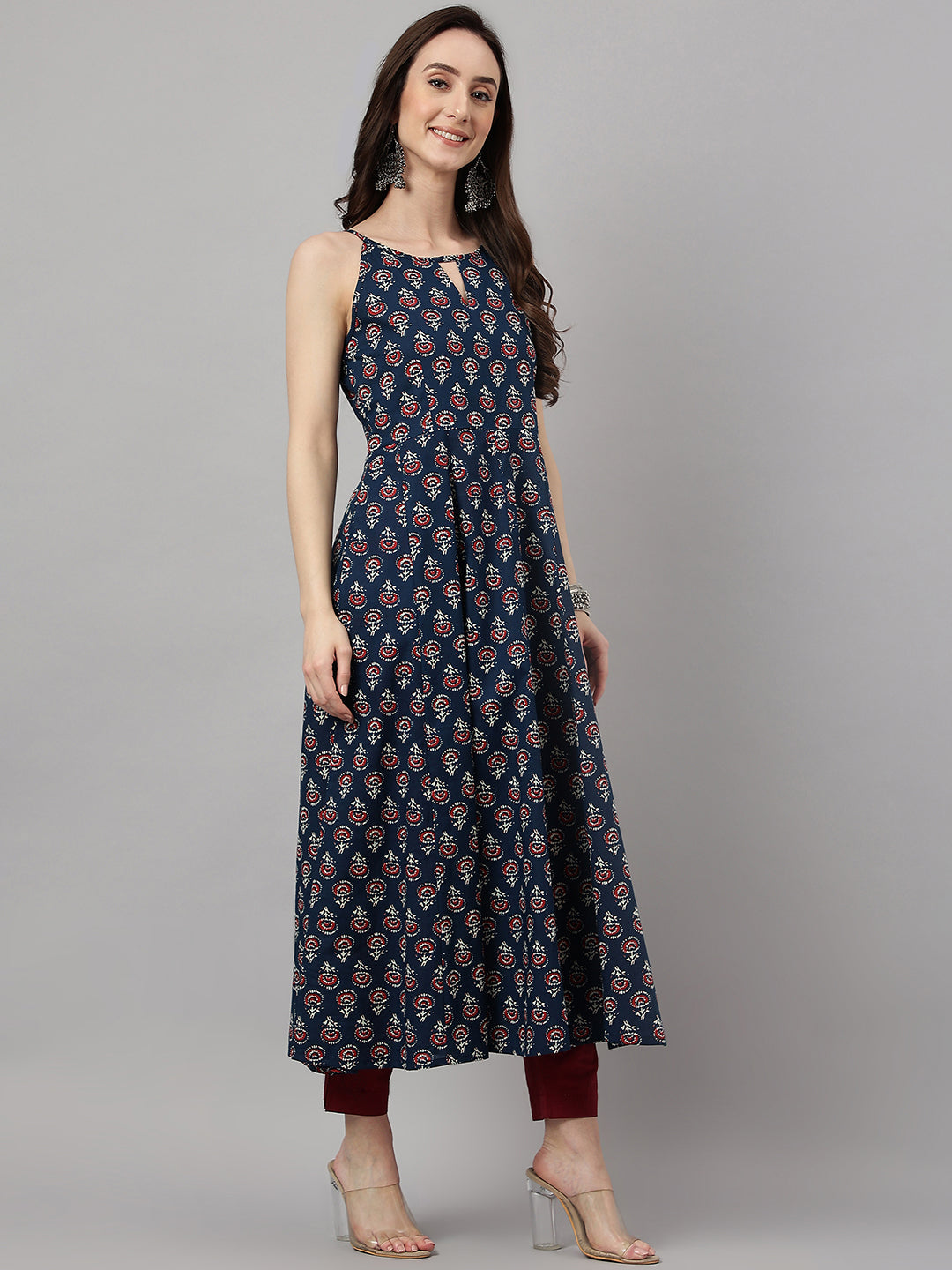 Janasya Women's Navy Blue Cotton Botanical Printed Casual Anarkali Kurta | Swadesiicart