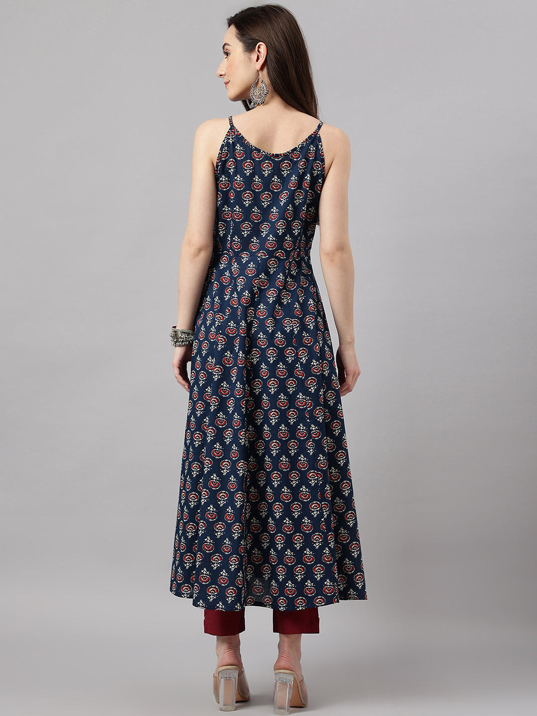 Janasya Women's Navy Blue Cotton Botanical Printed Casual Anarkali Kurta | Swadesiicart