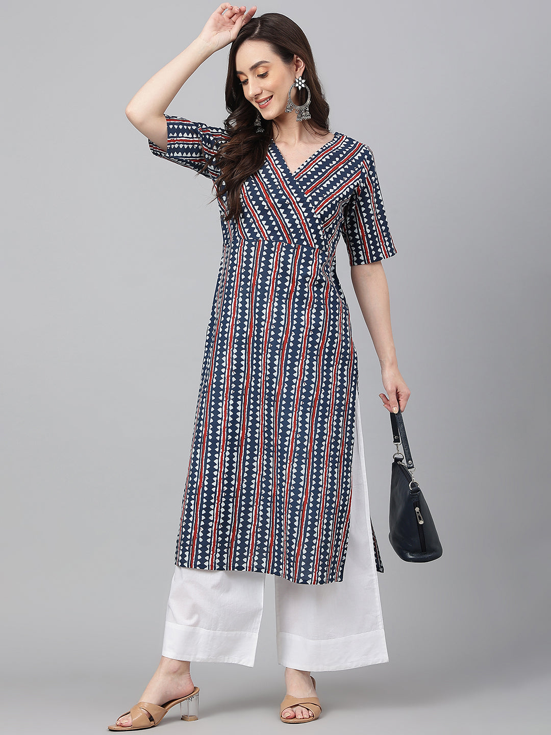 Janasya Women's Navy Blue Cotton Geometric Printed Casual Straight Kurta - Swadesiicart