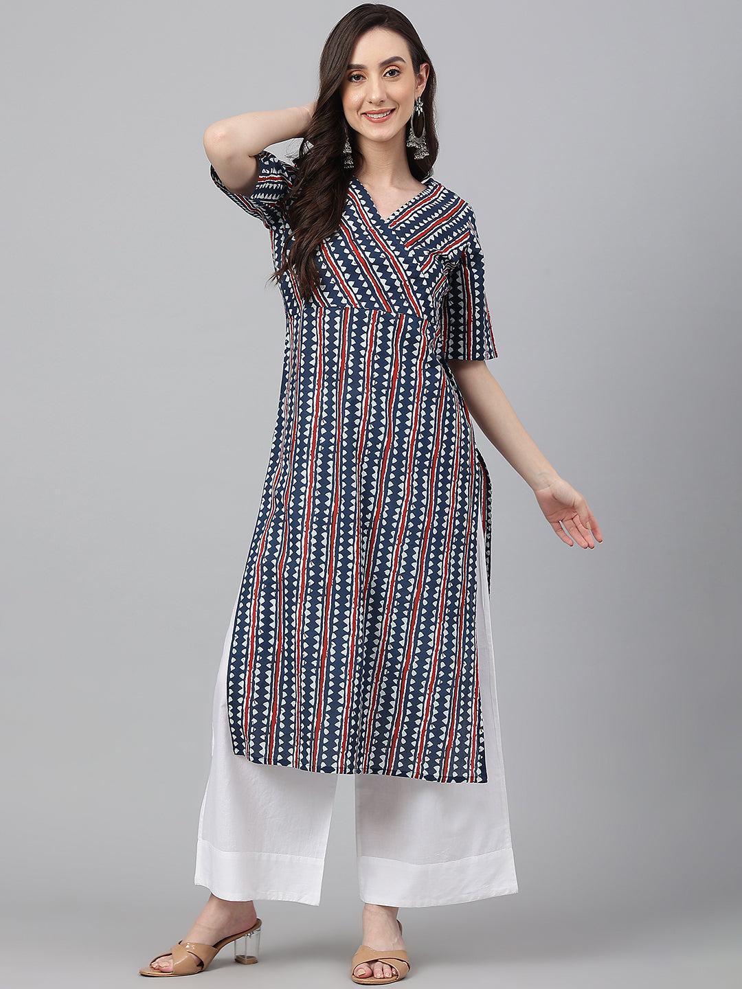 Janasya Women's Navy Blue Cotton Geometric Printed Casual Straight Kurta - Swadesiicart