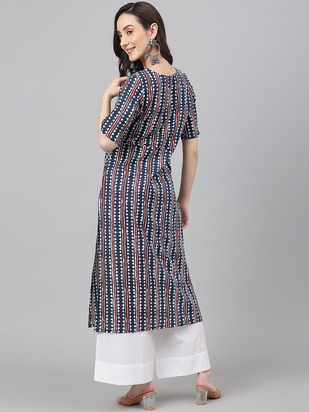 Janasya Women's Navy Blue Cotton Geometric Printed Casual Straight Kurta - Swadesiicart