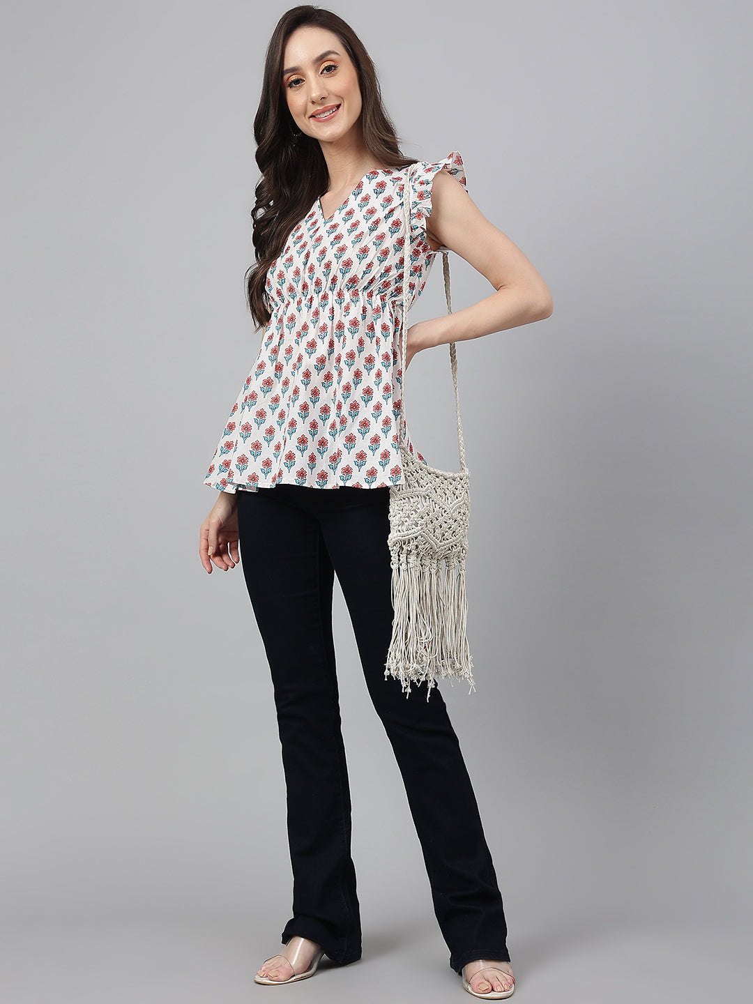 Janasya Women's White Cotton Floral Print Flared Top | Swadesiicart
