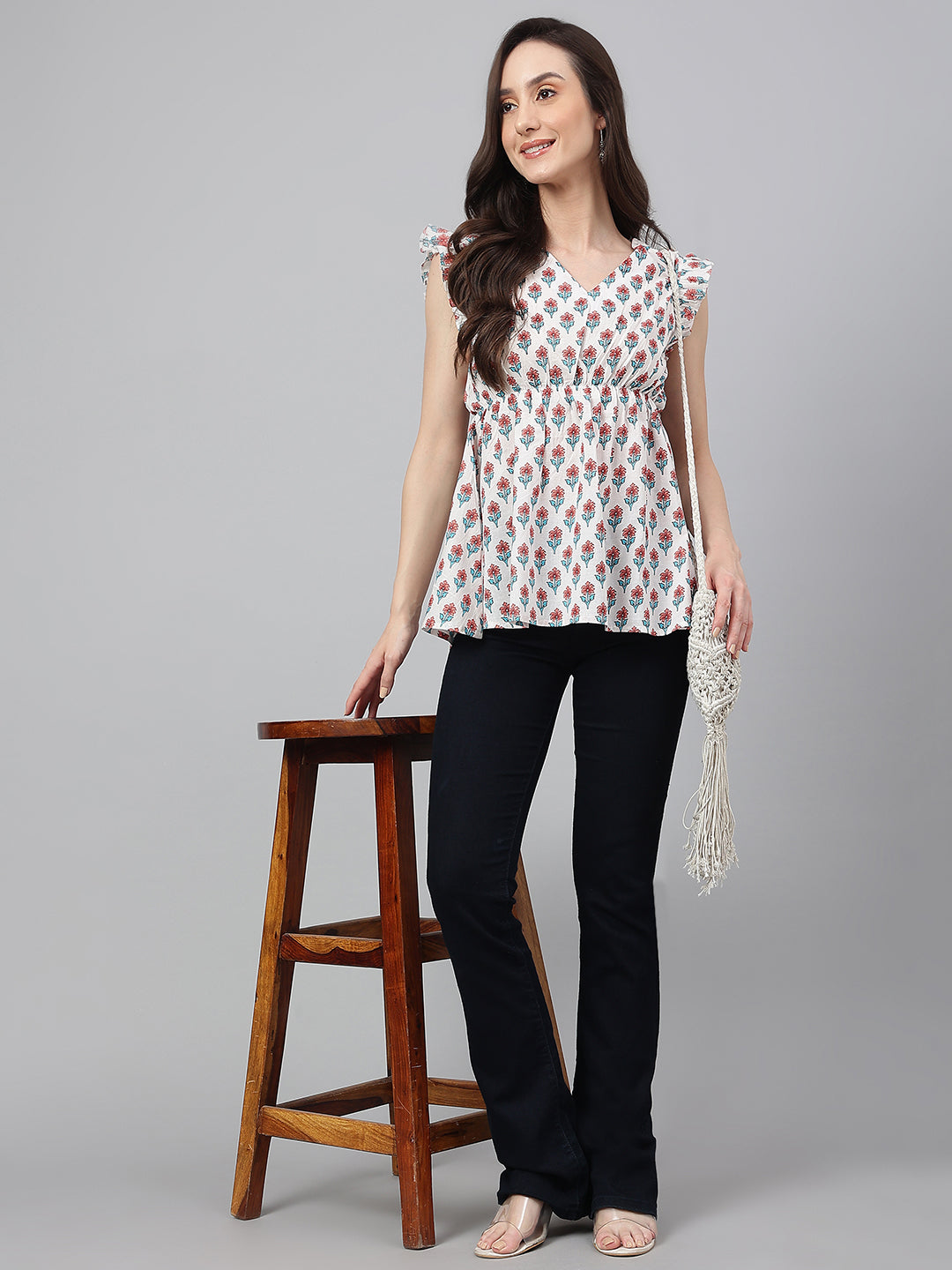 Janasya Women's White Cotton Floral Print Flared Top | Swadesiicart