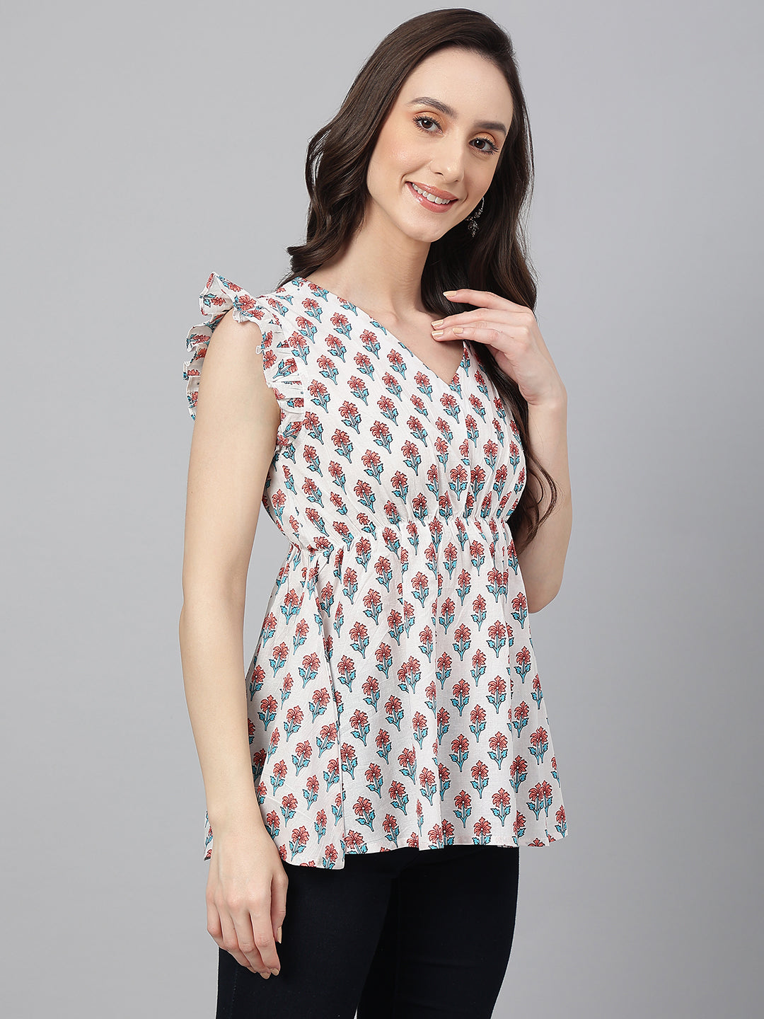 Janasya Women's White Cotton Floral Print Flared Top | Swadesiicart