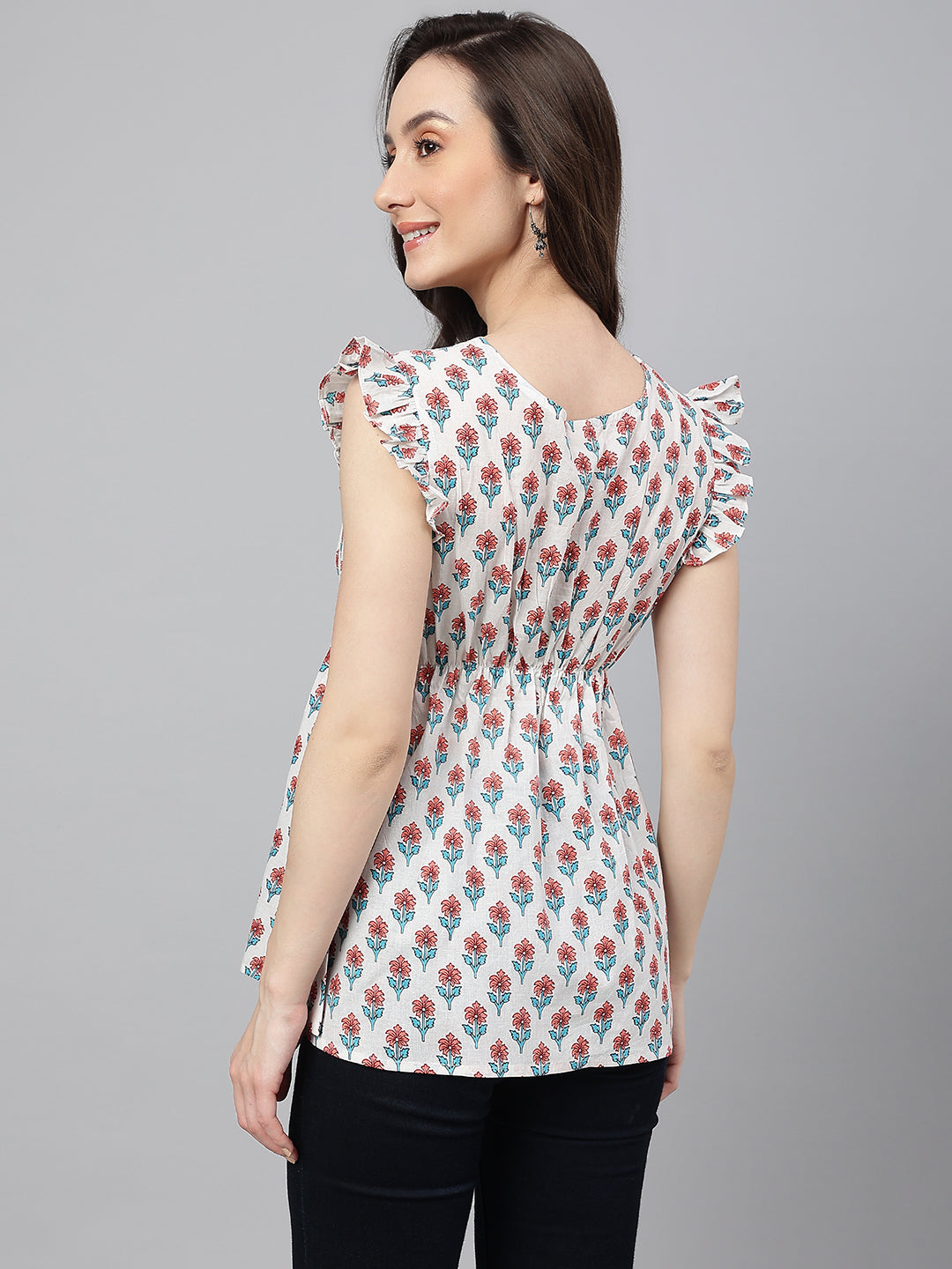 Janasya Women's White Cotton Floral Print Flared Top | Swadesiicart