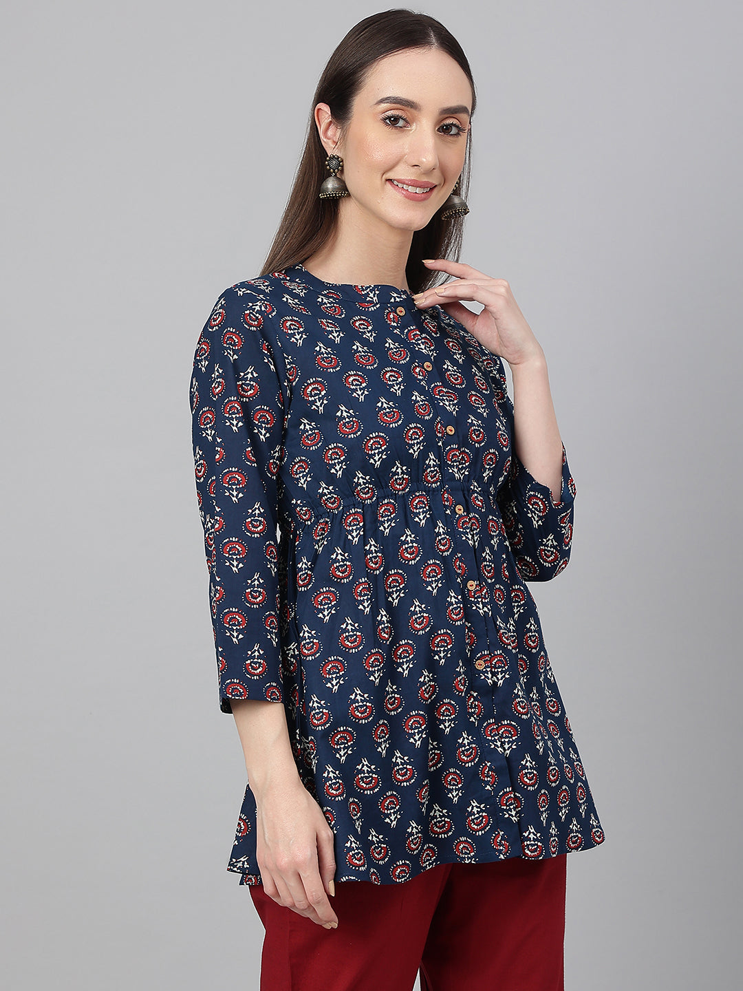 Janasya Women's Navy Blue Cotton Floral Print Peplum Top | Swadesiicart