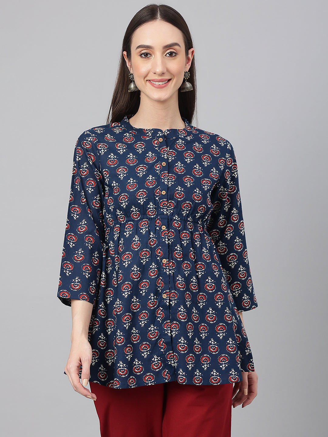 Janasya Women's Navy Blue Cotton Floral Print Peplum Top | Swadesiicart