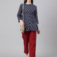 Janasya Women's Navy Blue Cotton Floral Print Peplum Top | Swadesiicart