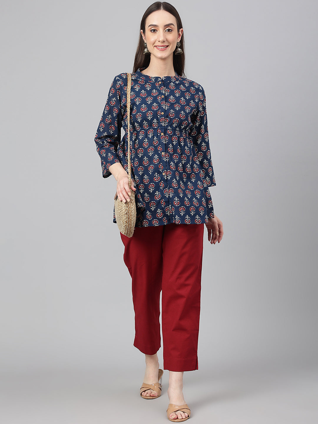 Janasya Women's Navy Blue Cotton Floral Print Peplum Top | Swadesiicart