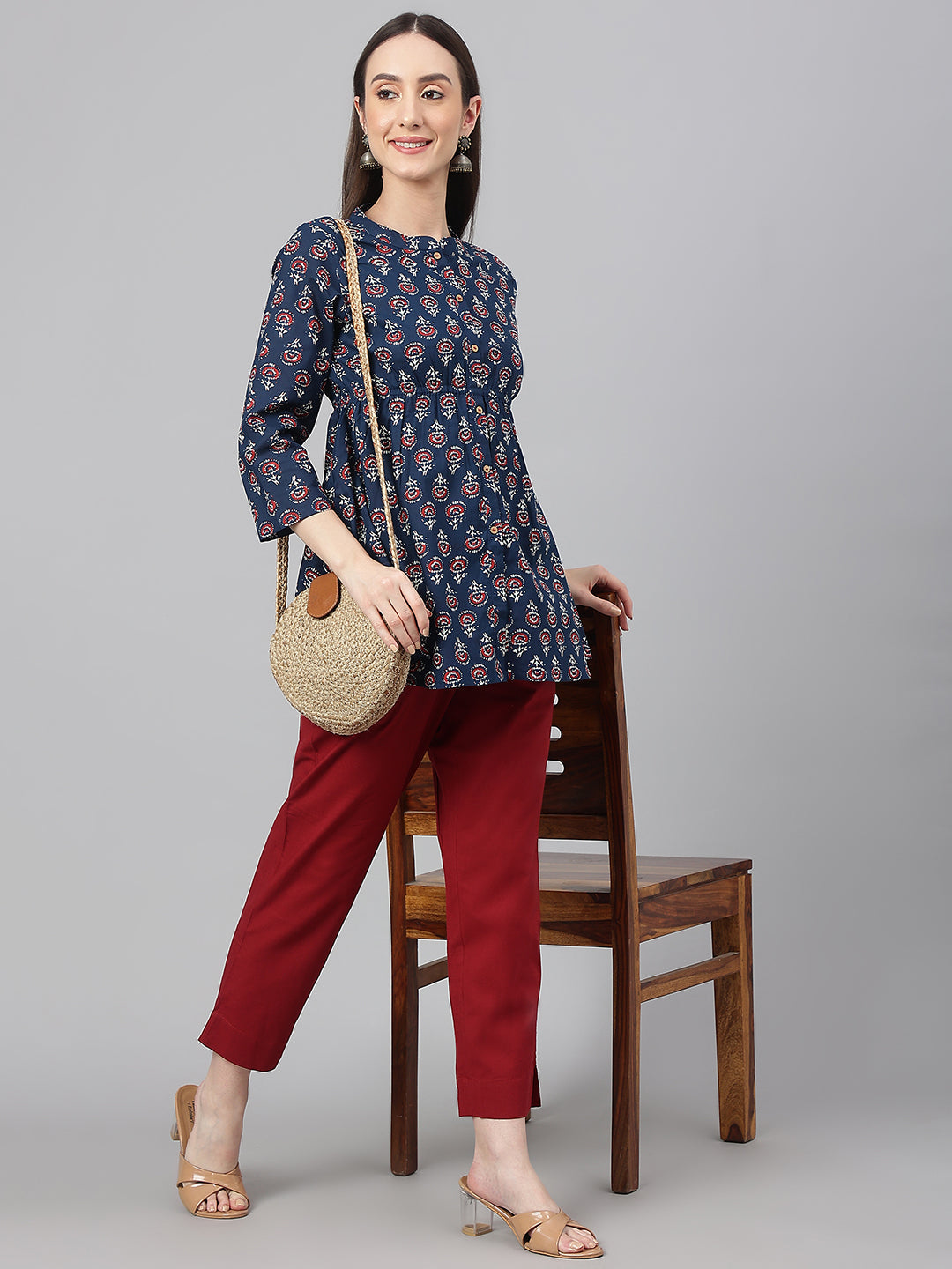 Janasya Women's Navy Blue Cotton Floral Print Peplum Top | Swadesiicart