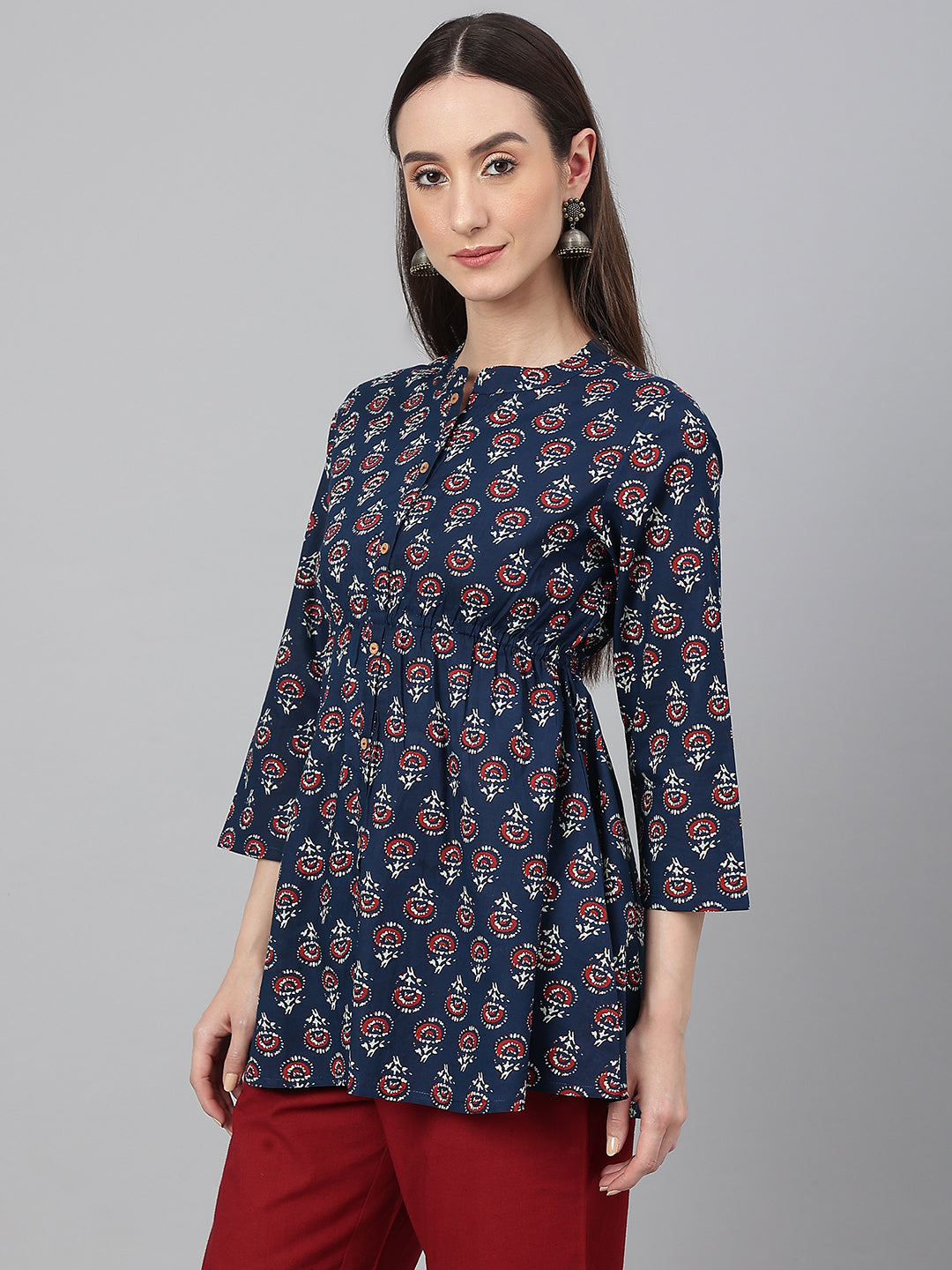 Janasya Women's Navy Blue Cotton Floral Print Peplum Top | Swadesiicart