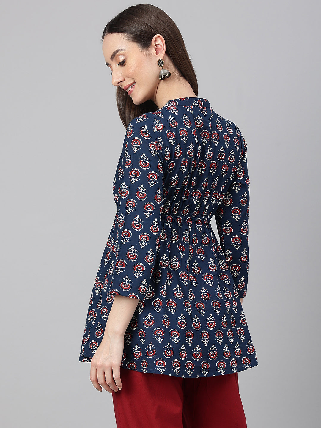 Janasya Women's Navy Blue Cotton Floral Print Peplum Top | Swadesiicart
