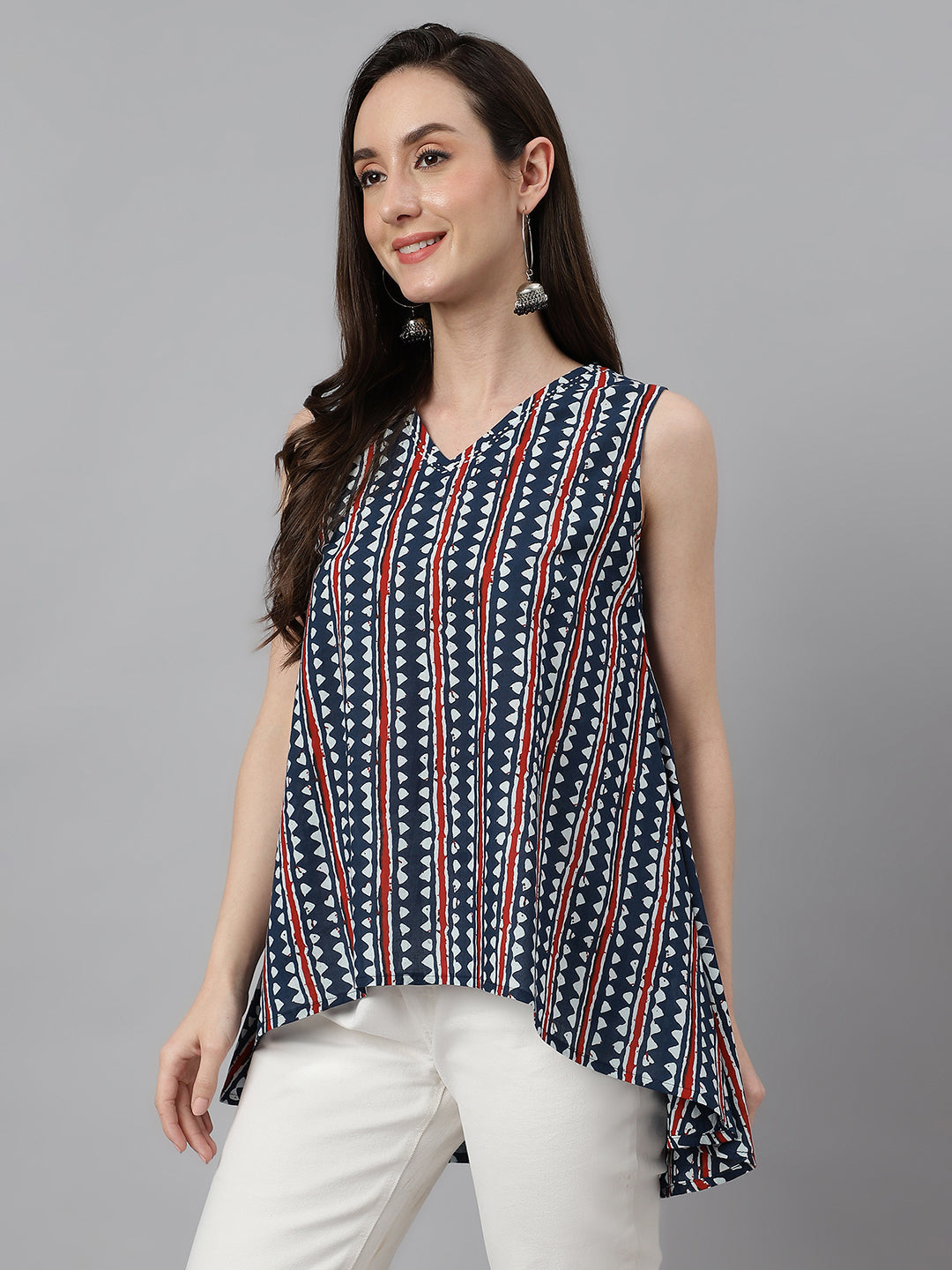 Janasya Women's Navy Blue Cotton Geometric Print High Low Top | Swadesiicart