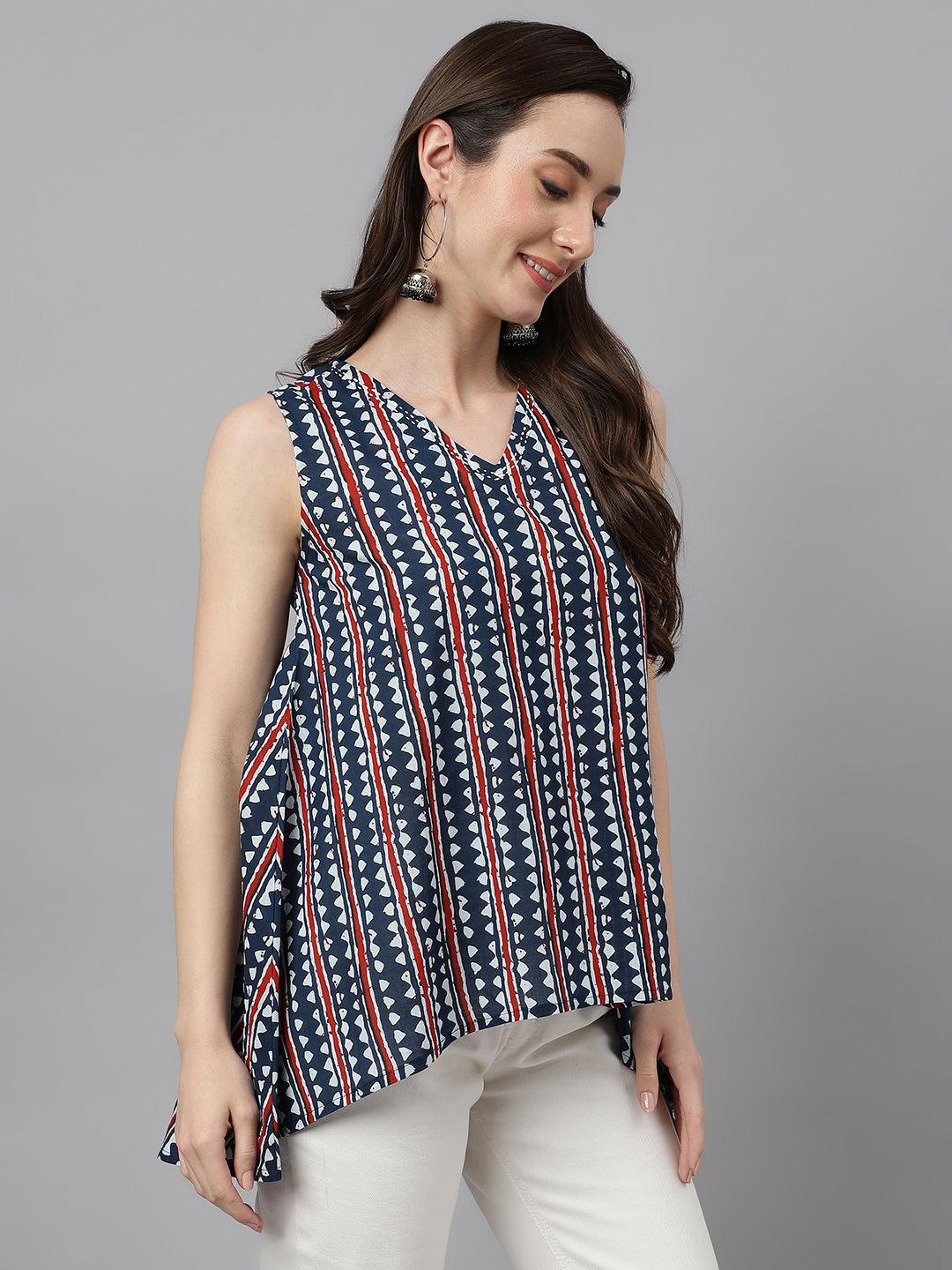 Janasya Women's Navy Blue Cotton Geometric Print High Low Top | Swadesiicart