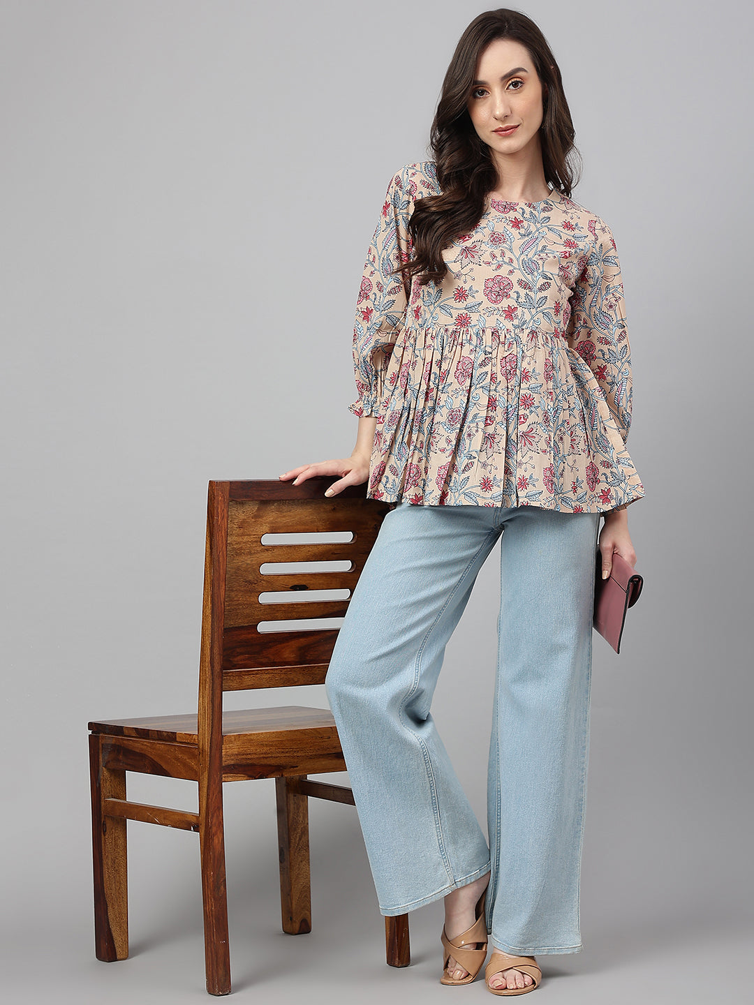 Janasya Women's Beige Cotton Floral Print Peplum Top | Swadesiicart