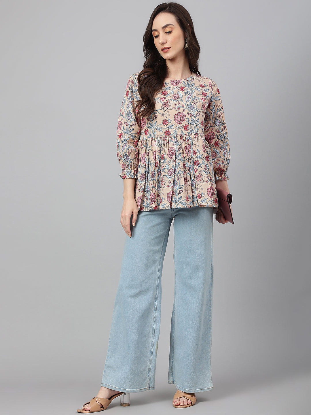 Janasya Women's Beige Cotton Floral Print Peplum Top | Swadesiicart