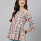 Janasya Women's Beige Cotton Floral Print Peplum Top | Swadesiicart