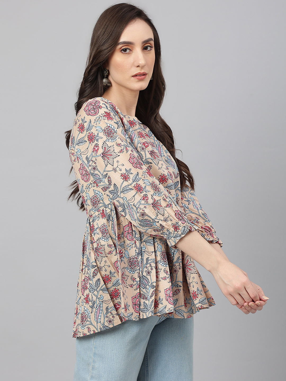 Janasya Women's Beige Cotton Floral Print Peplum Top | Swadesiicart