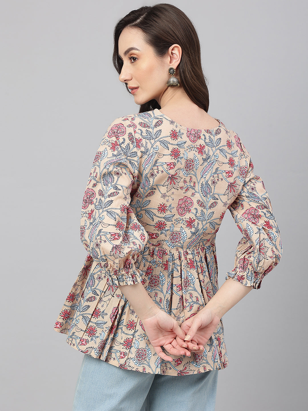 Janasya Women's Beige Cotton Floral Print Peplum Top | Swadesiicart