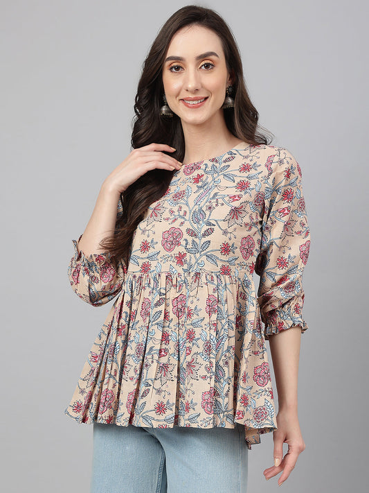 Janasya Women's Beige Cotton Floral Print Peplum Top | Swadesiicart
