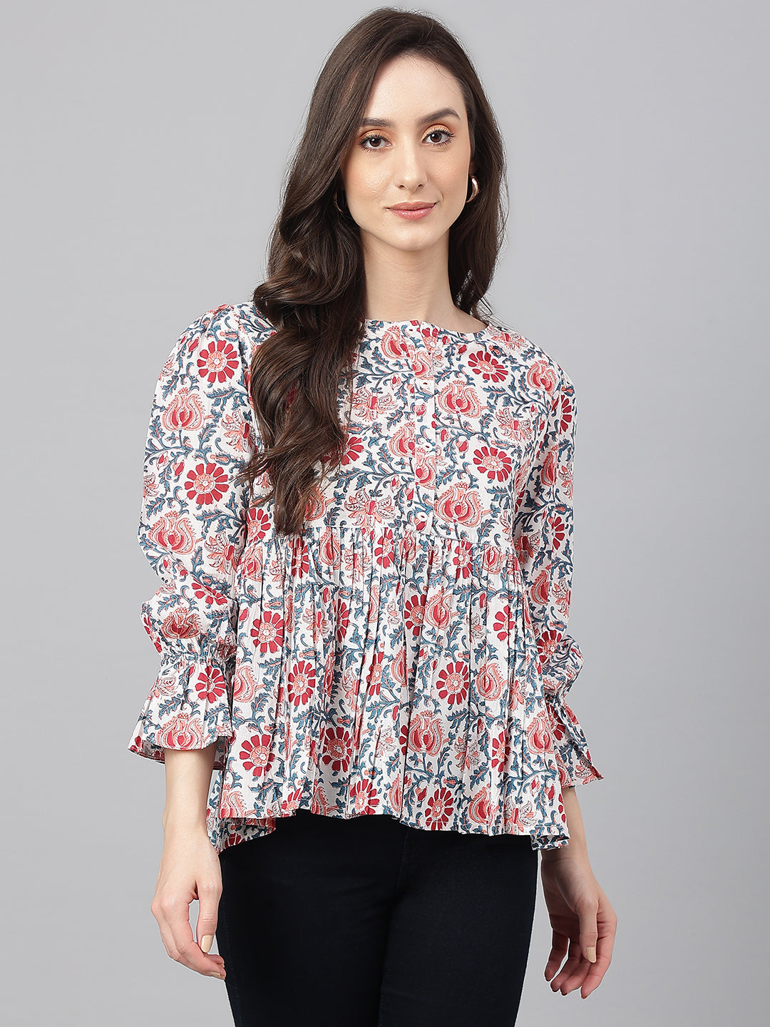 Janasya Women's White Cotton Floral Print Flared Top | Swadesiicart